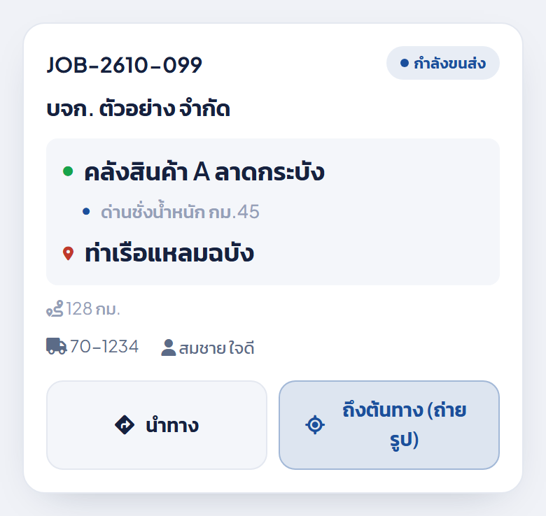 การ์ดงานสถานะกำลังขนส่ง ปุ่มถึงต้นทางถ่ายรูปพร้อมให้กด